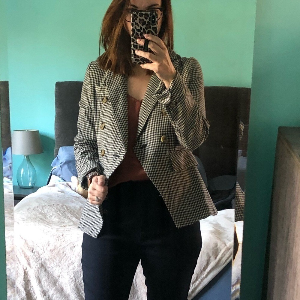 Storia Womens Houndstooth Double Breasted Blazer Black White Chic Small NWT